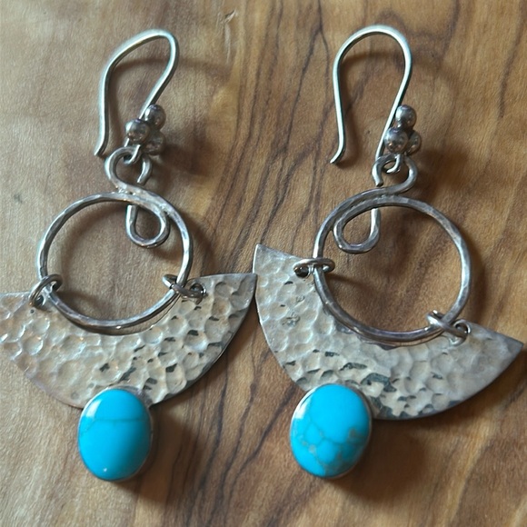 House of Bangles Hammered Sterling Turquoise Earrings From Mexico - Picture 3 of 6